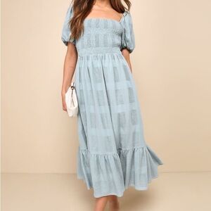 Lulu's Budding Charm Sage Smocked Puff Sleeve Midi Dress with Pockets